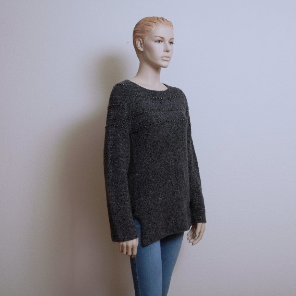Anthropologie Three Dots Crew Neck Embellished Sweater Gray Women Size S